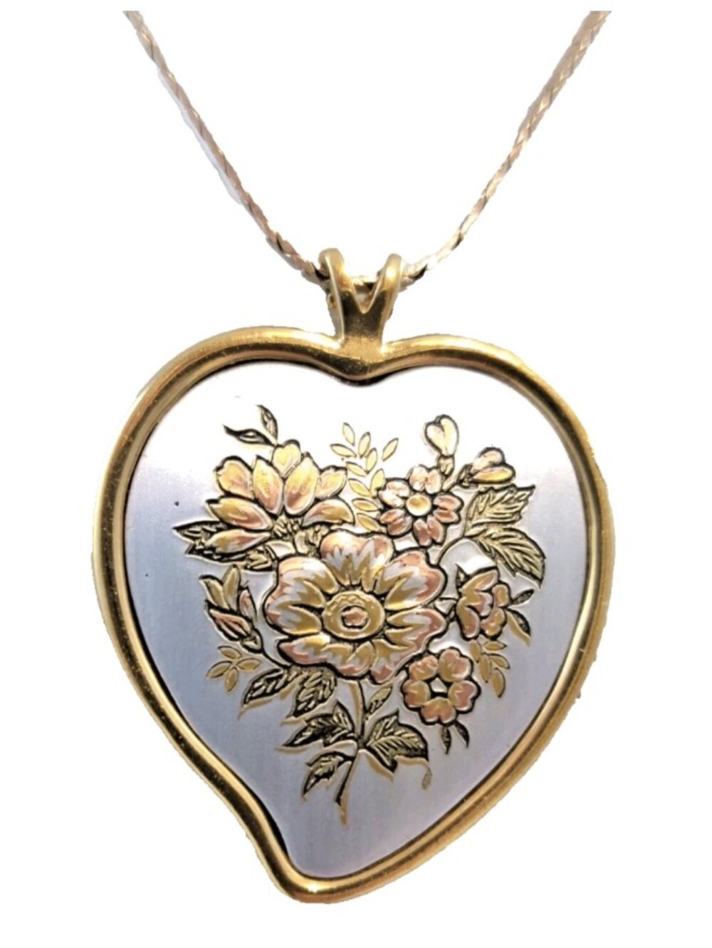 Vintage Reed & Barton Damascene Floral Heart Shaped Pendant Necklace